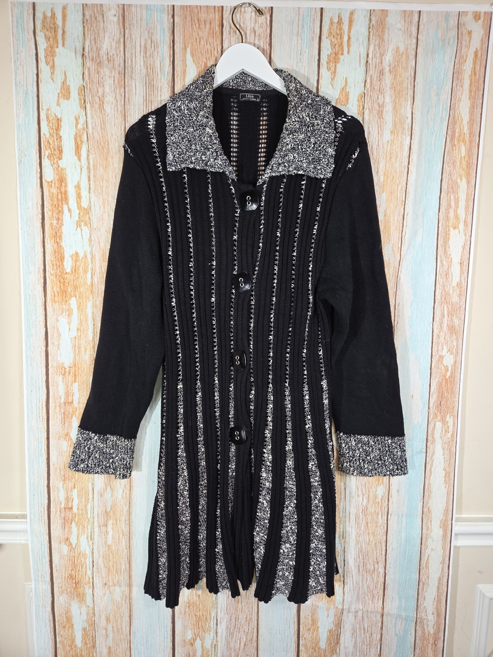 Lisa International Black Knit Button-Front Jacket with Marled Gray Trim